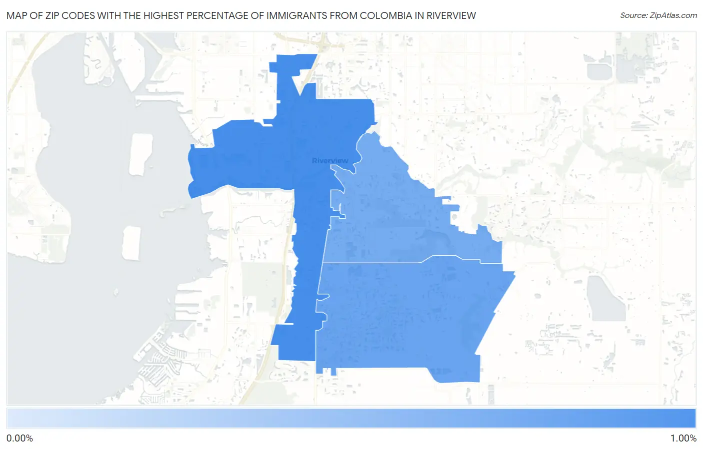 Zip Codes with the Highest Percentage of Immigrants from Colombia in Riverview Map