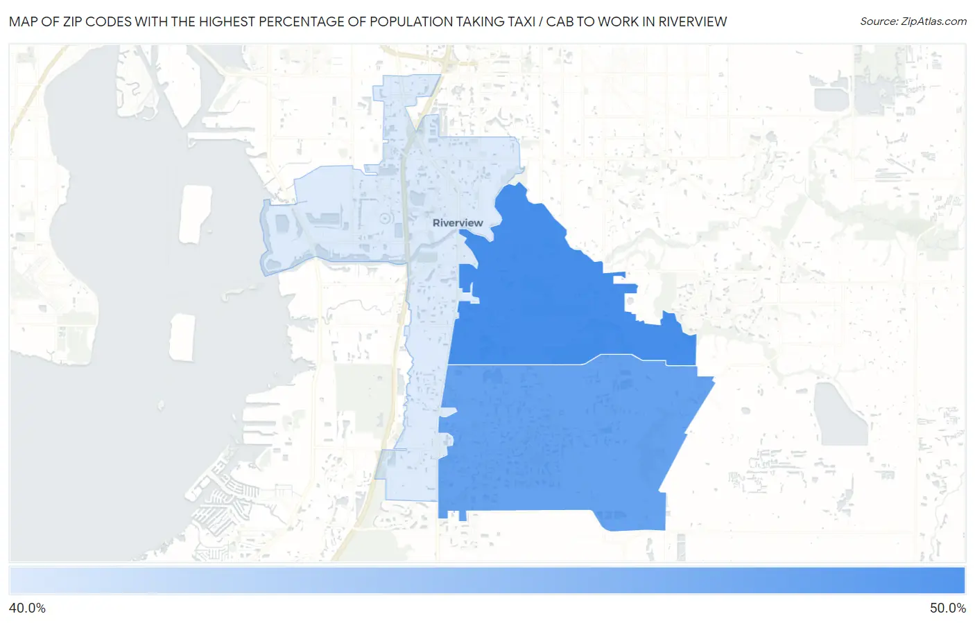 Zip Codes with the Highest Percentage of Population Taking Taxi / Cab to Work in Riverview Map