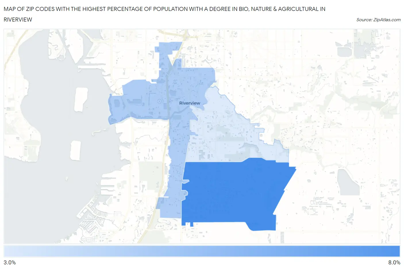 Zip Codes with the Highest Percentage of Population with a Degree in Bio, Nature & Agricultural in Riverview Map