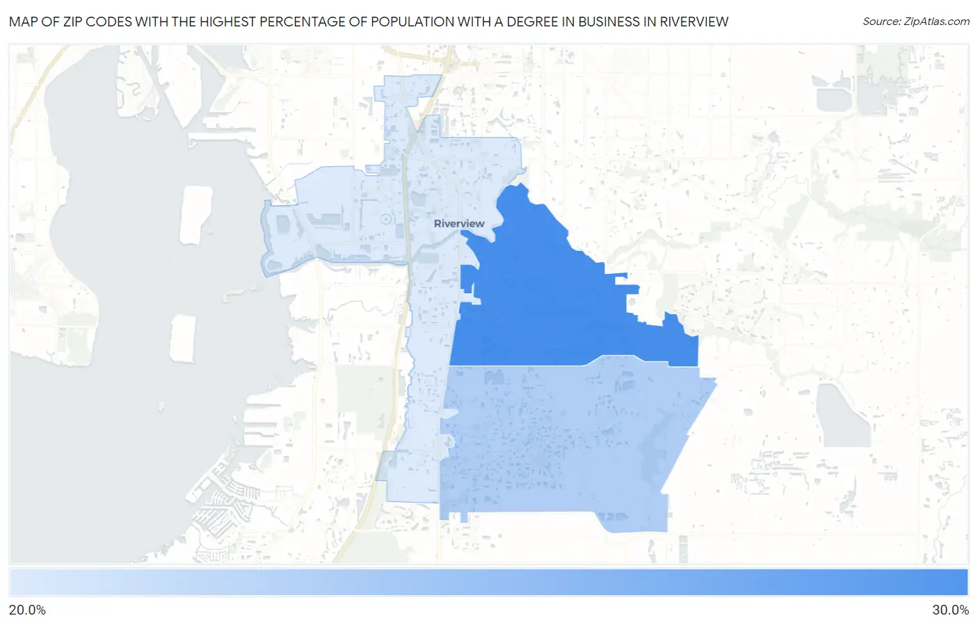 Zip Codes with the Highest Percentage of Population with a Degree in Business in Riverview Map