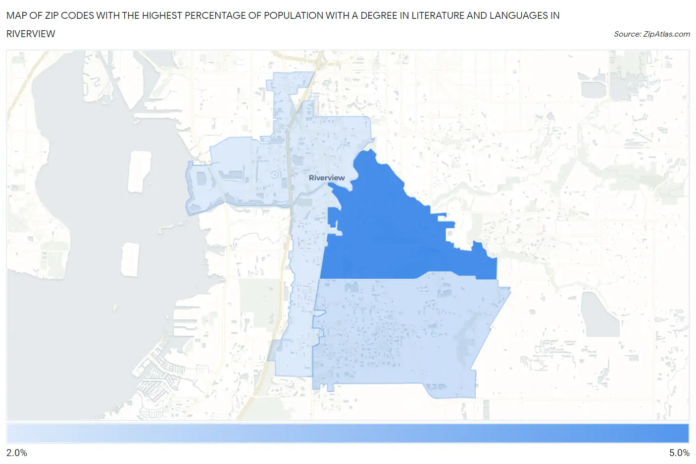 Zip Codes with the Highest Percentage of Population with a Degree in Literature and Languages in Riverview Map