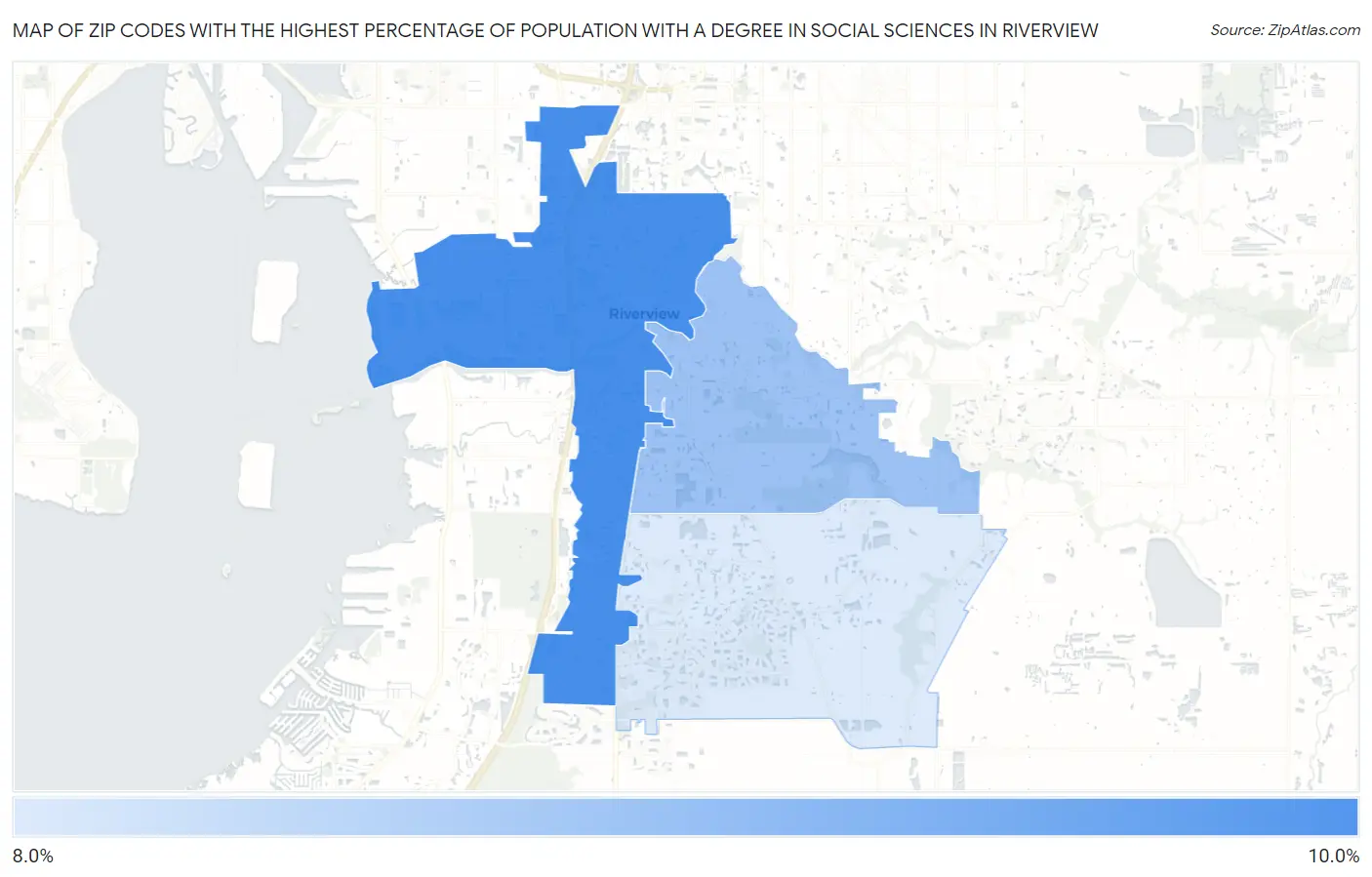 Zip Codes with the Highest Percentage of Population with a Degree in Social Sciences in Riverview Map