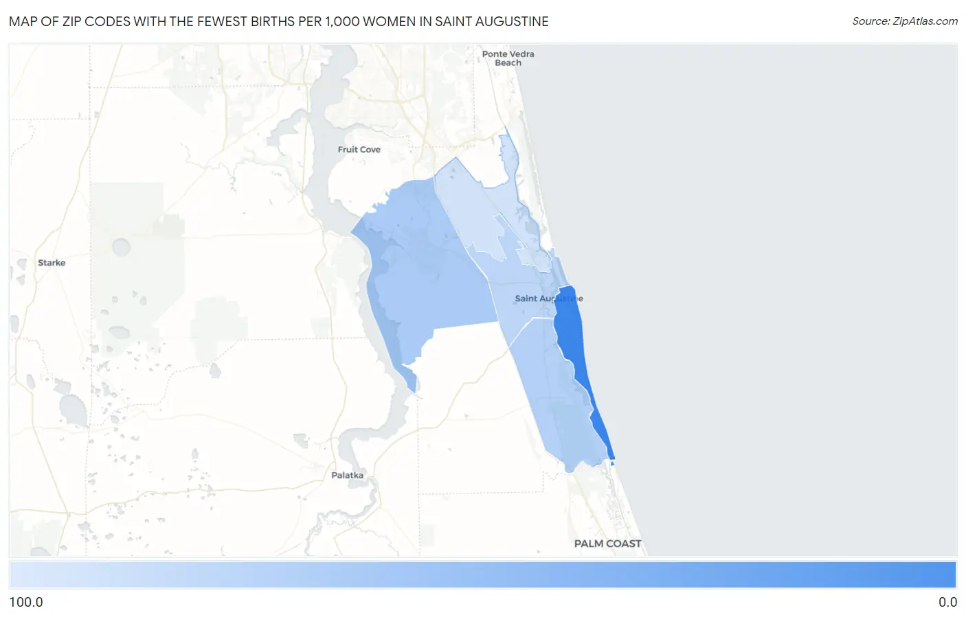 Zip Codes with the Fewest Births per 1,000 Women in Saint Augustine Map