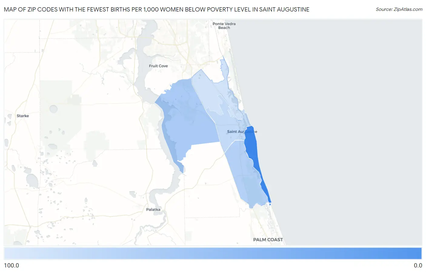 Zip Codes with the Fewest Births per 1,000 Women Below Poverty Level in Saint Augustine Map