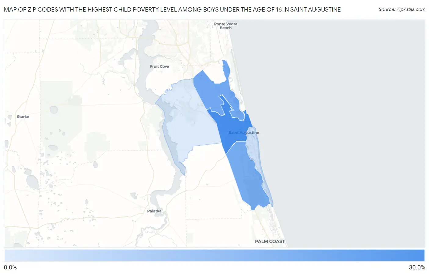 Zip Codes with the Highest Child Poverty Level Among Boys Under the Age of 16 in Saint Augustine Map