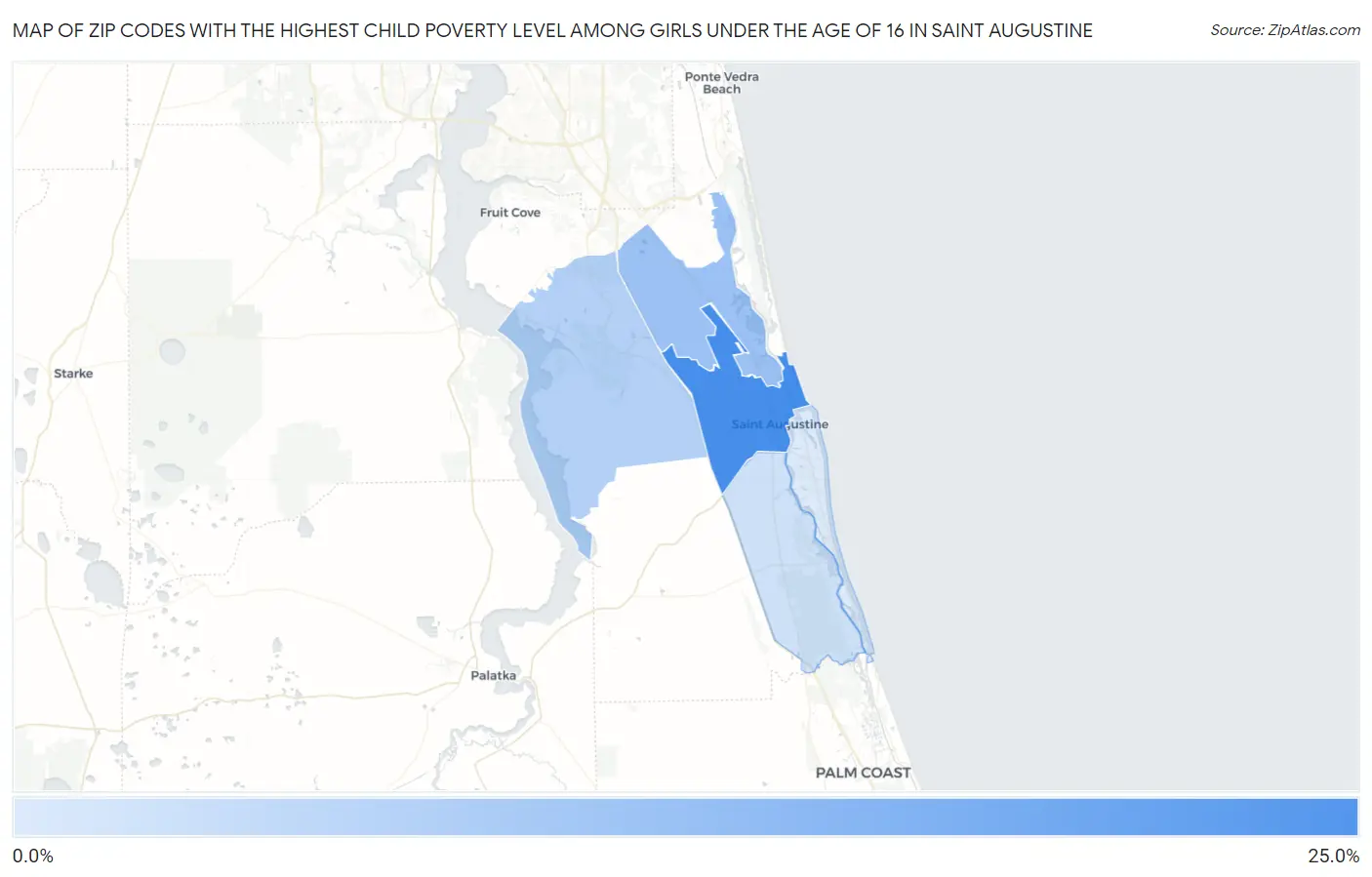 Zip Codes with the Highest Child Poverty Level Among Girls Under the Age of 16 in Saint Augustine Map