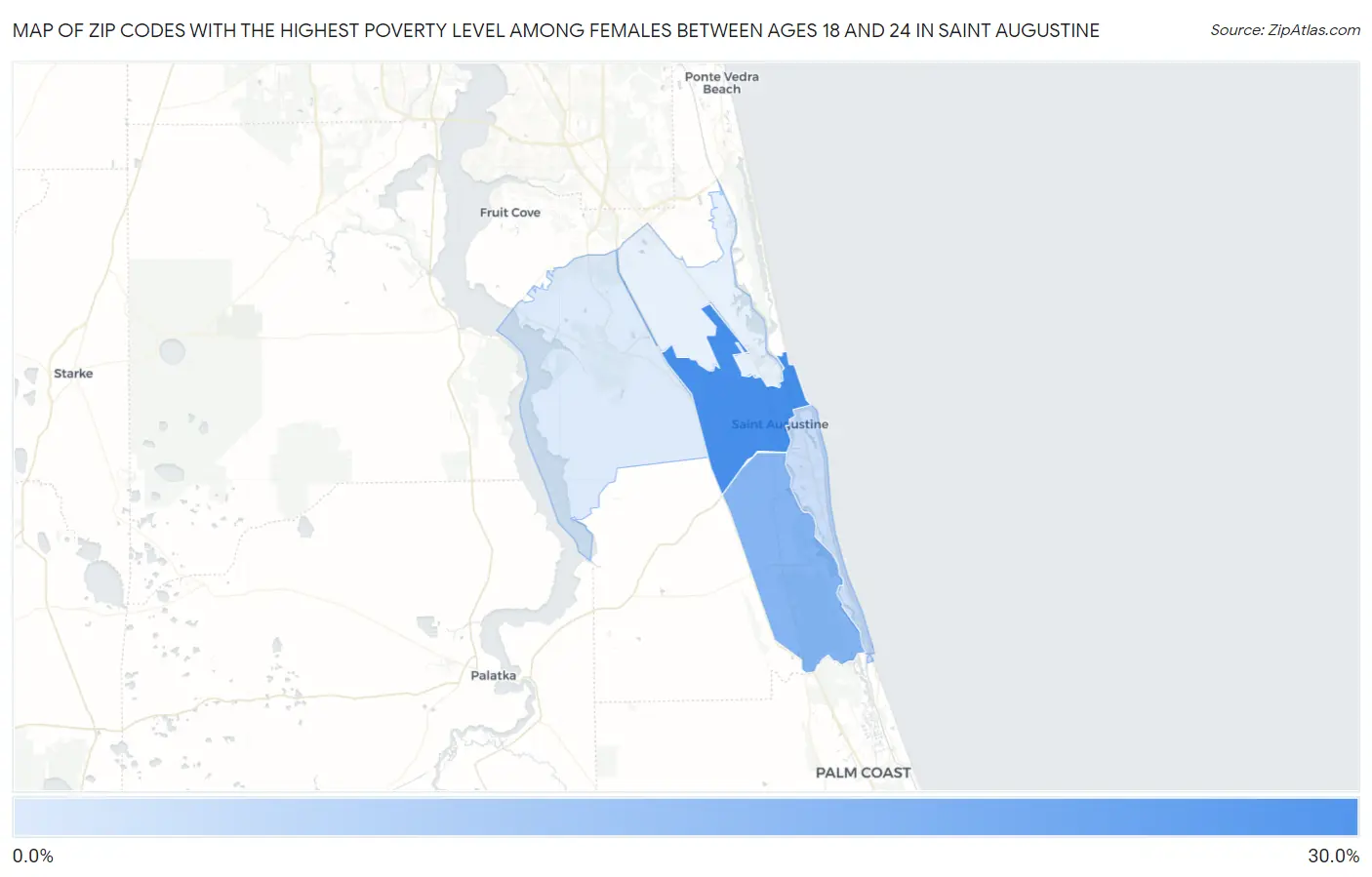 Zip Codes with the Highest Poverty Level Among Females Between Ages 18 and 24 in Saint Augustine Map