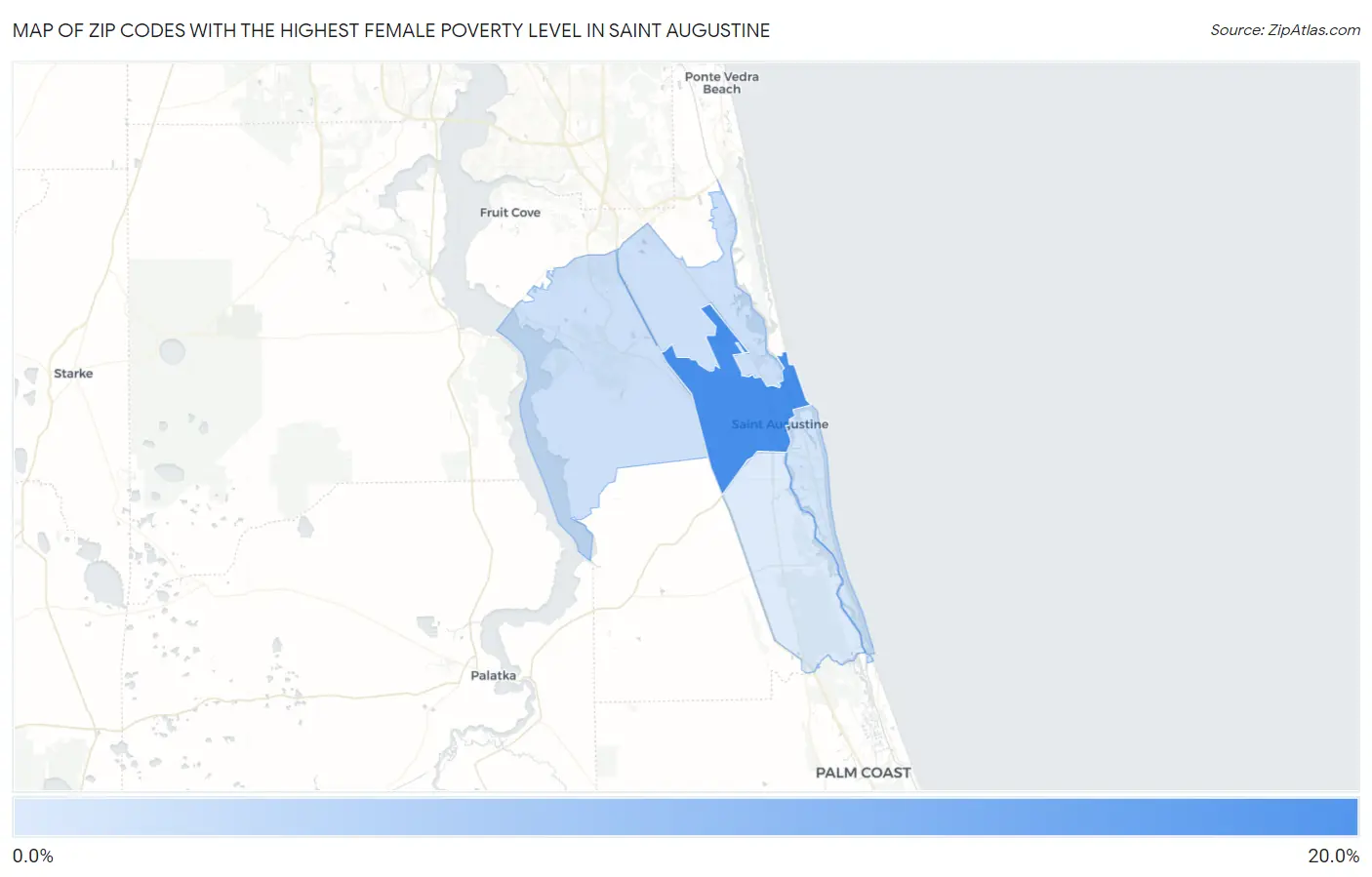 Zip Codes with the Highest Female Poverty Level in Saint Augustine Map