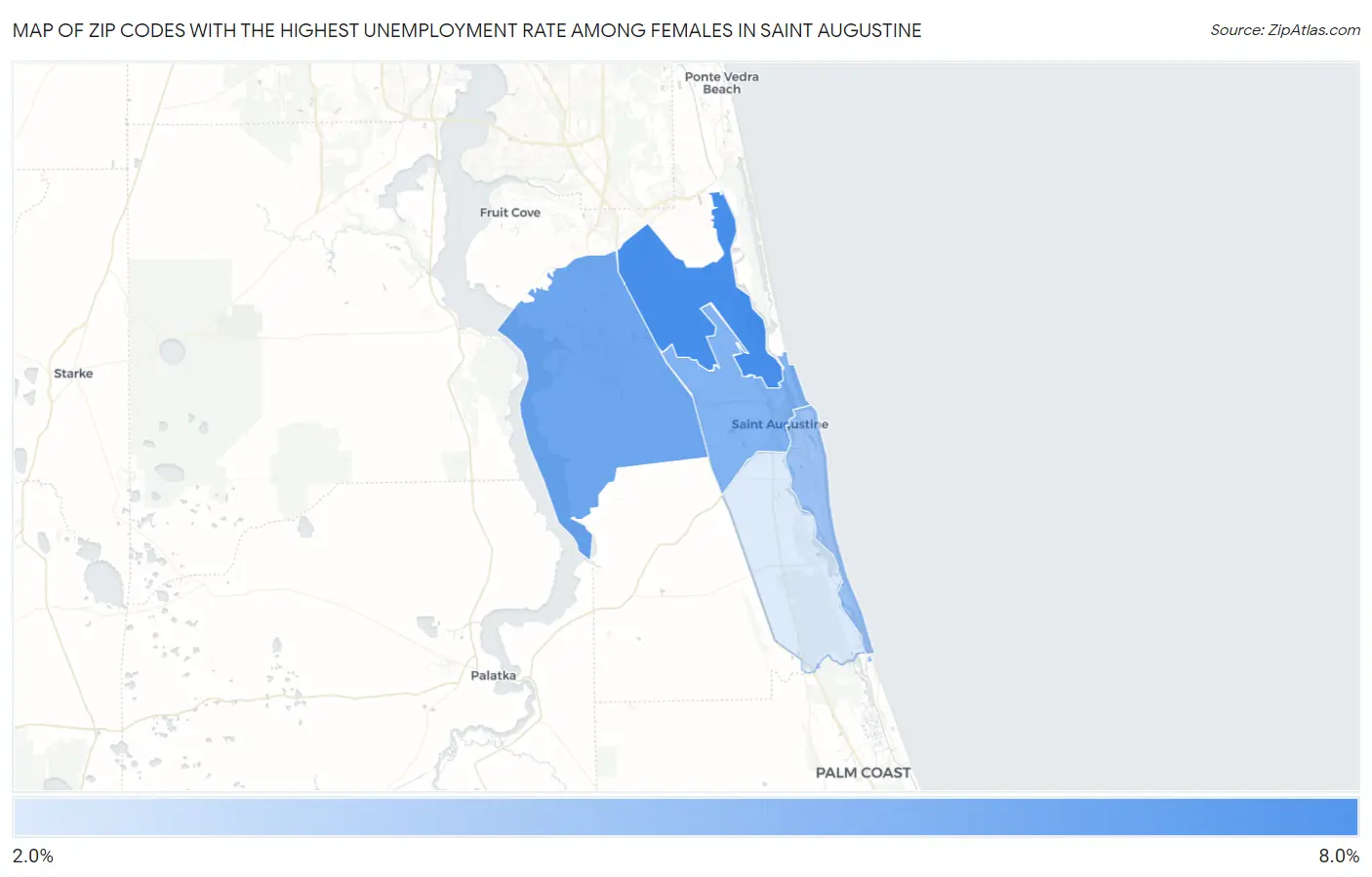 Zip Codes with the Highest Unemployment Rate Among Females in Saint Augustine Map