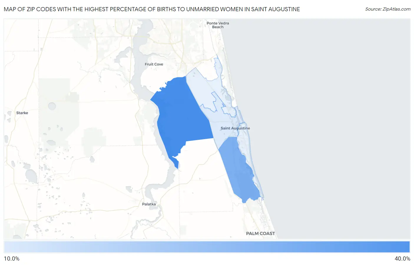 Zip Codes with the Highest Percentage of Births to Unmarried Women in Saint Augustine Map