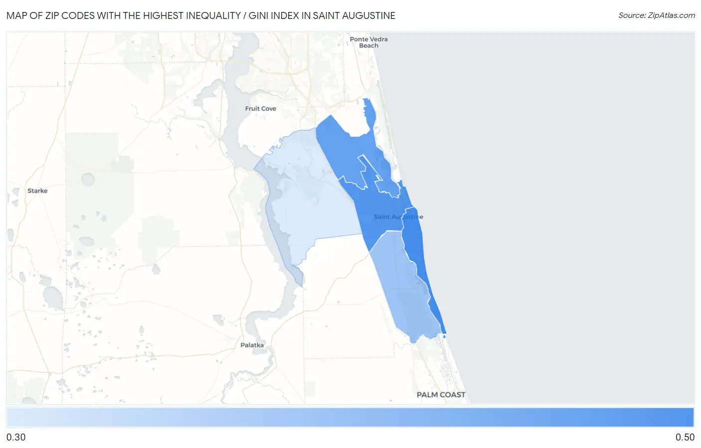 Zip Codes with the Highest Inequality / Gini Index in Saint Augustine Map