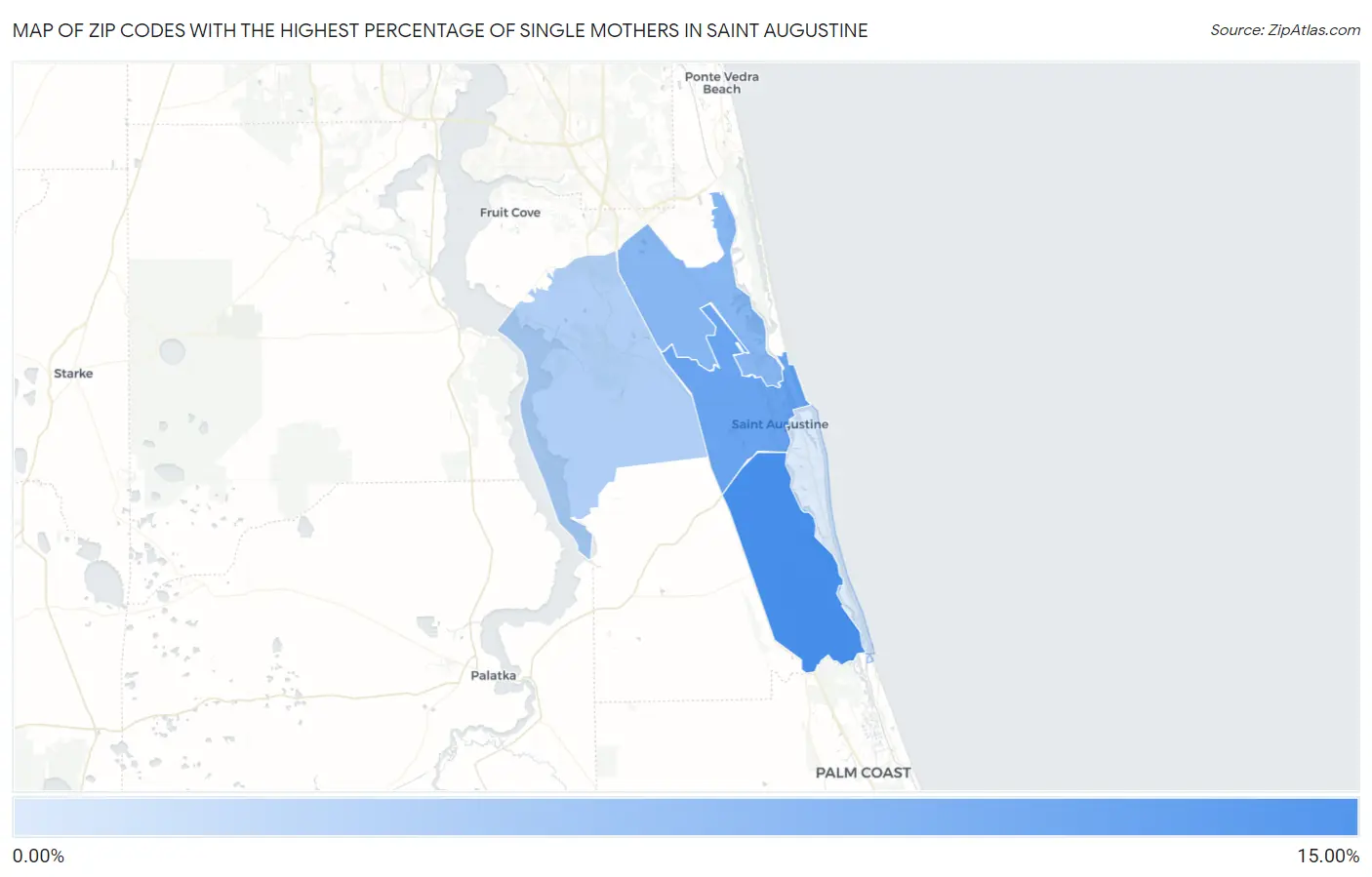 Zip Codes with the Highest Percentage of Single Mothers in Saint Augustine Map