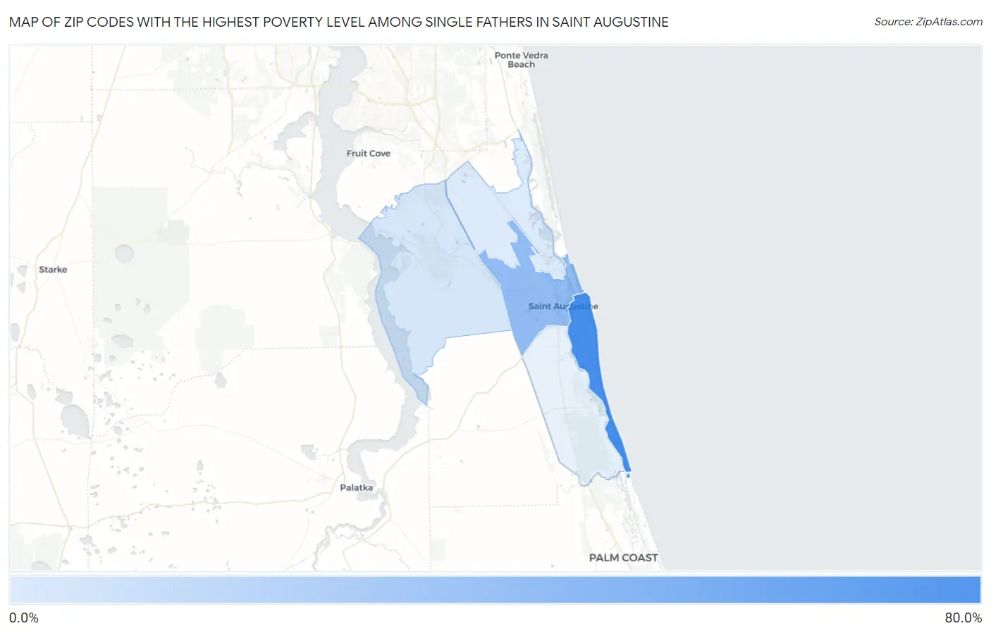 Zip Codes with the Highest Poverty Level Among Single Fathers in Saint Augustine Map