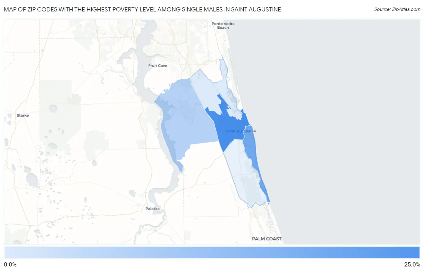 Zip Codes with the Highest Poverty Level Among Single Males in Saint Augustine Map