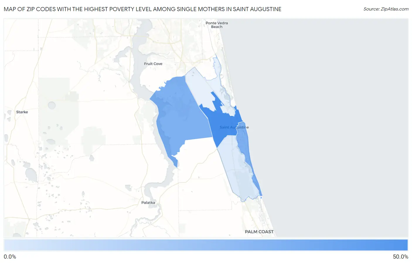 Zip Codes with the Highest Poverty Level Among Single Mothers in Saint Augustine Map
