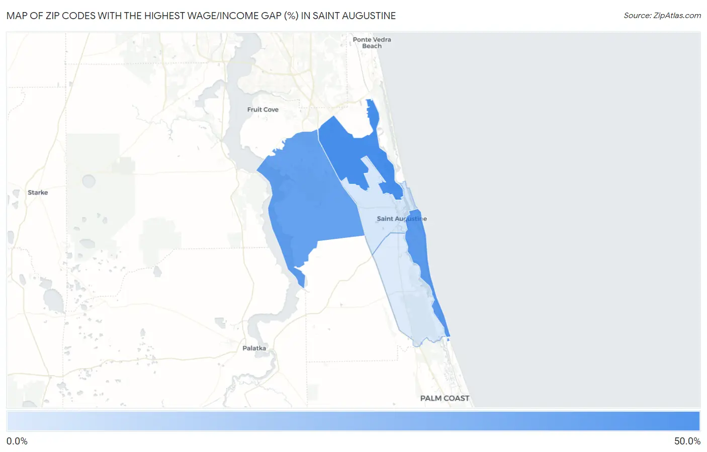 Zip Codes with the Highest Wage/Income Gap (%) in Saint Augustine Map