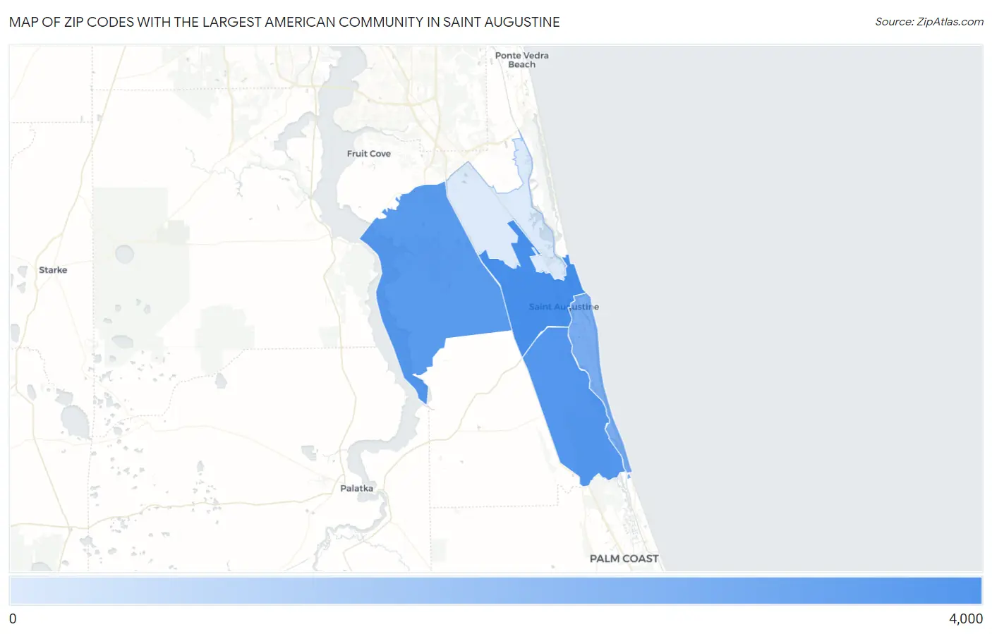 Zip Codes with the Largest American Community in Saint Augustine Map
