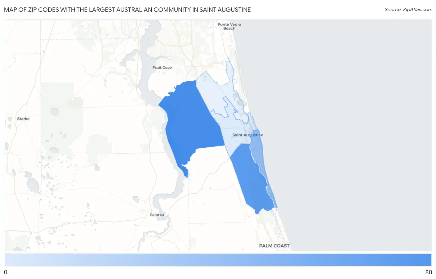 Zip Codes with the Largest Australian Community in Saint Augustine Map