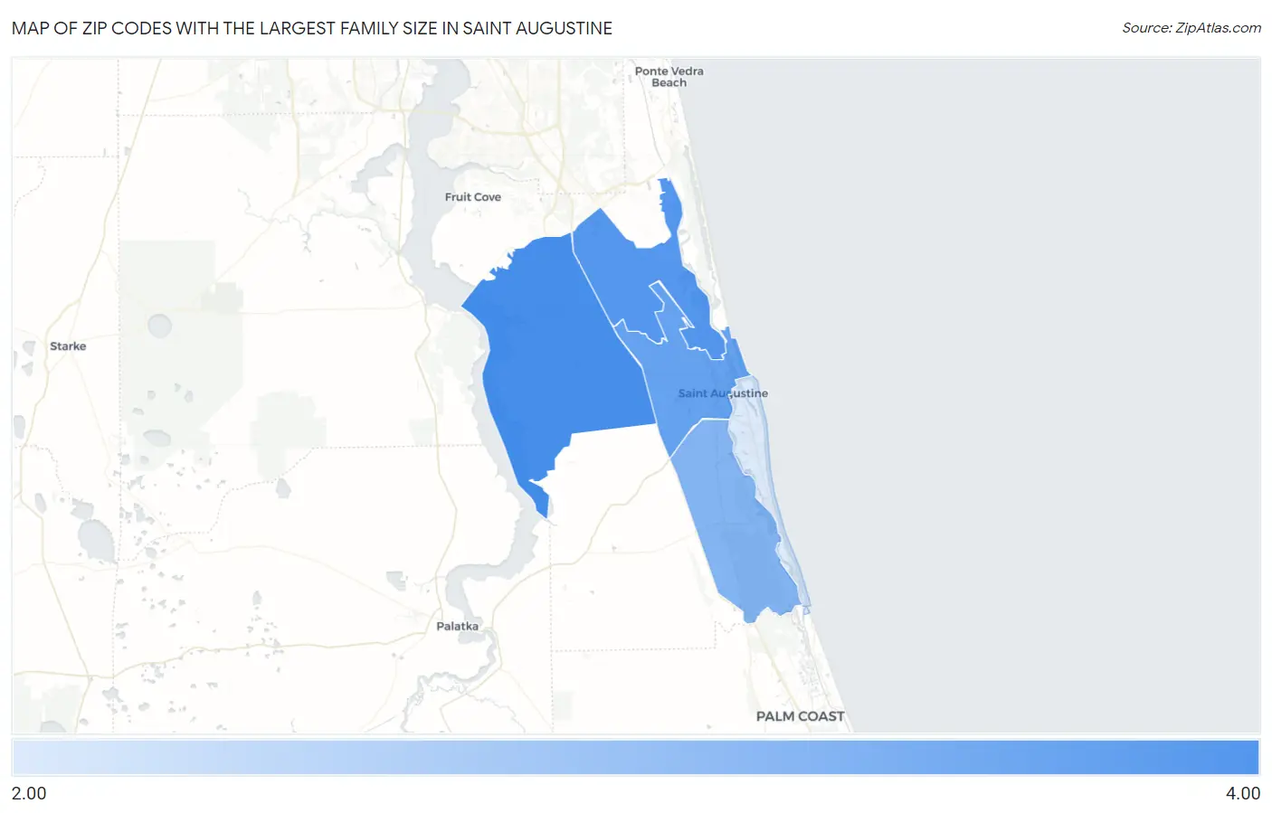 Zip Codes with the Largest Family Size in Saint Augustine Map