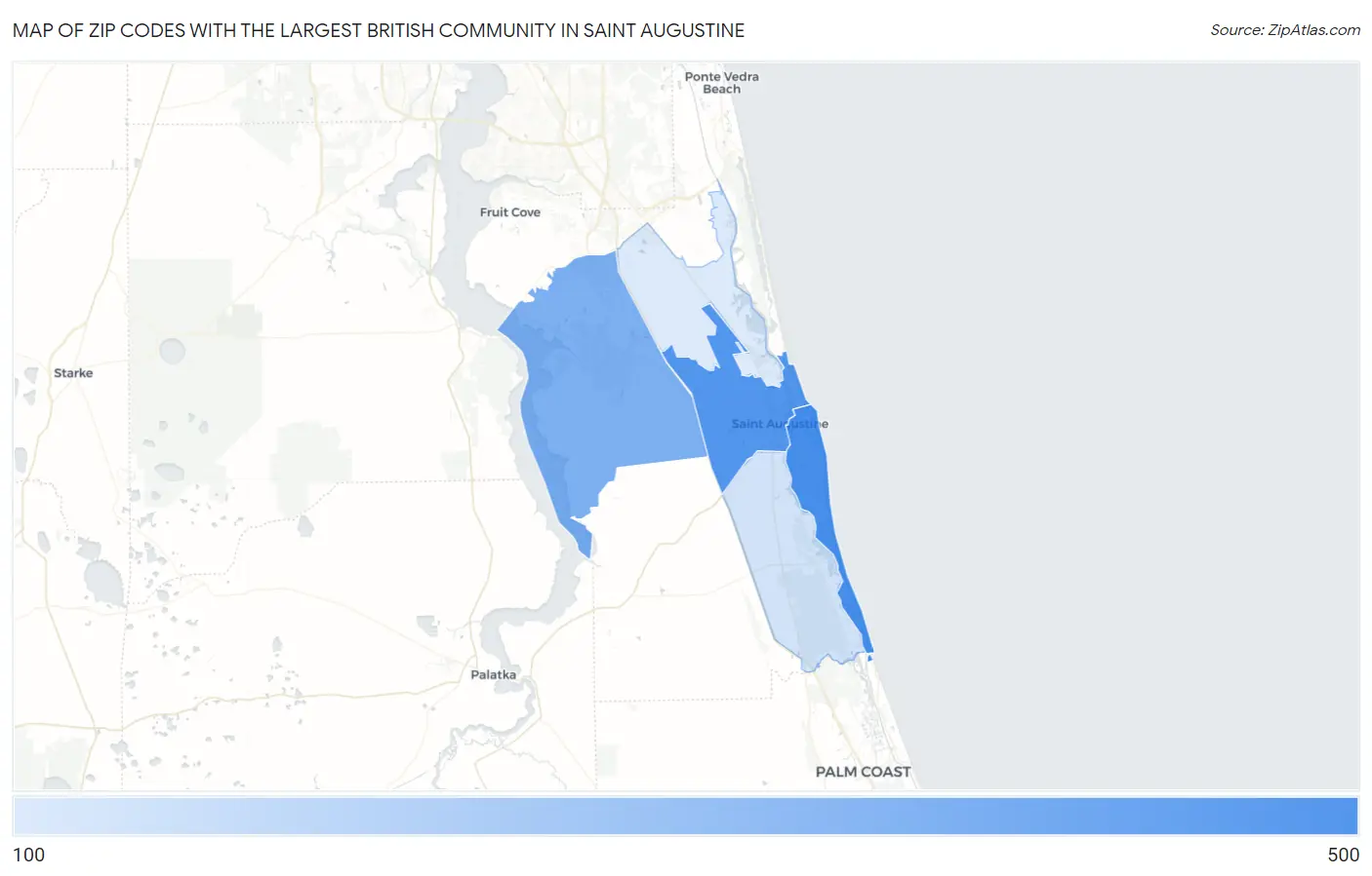 Zip Codes with the Largest British Community in Saint Augustine Map