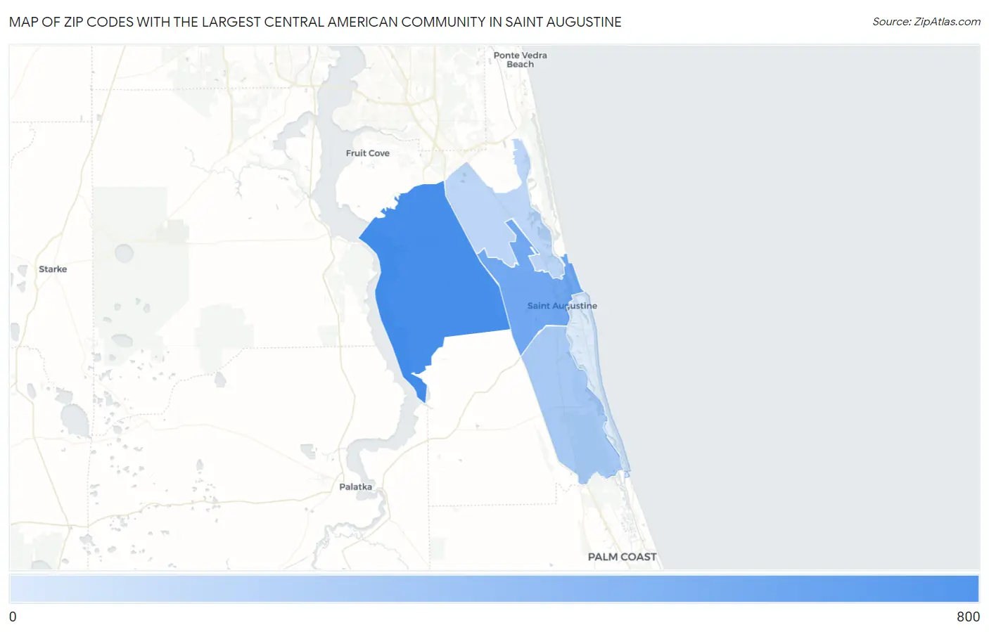 Zip Codes with the Largest Central American Community in Saint Augustine Map