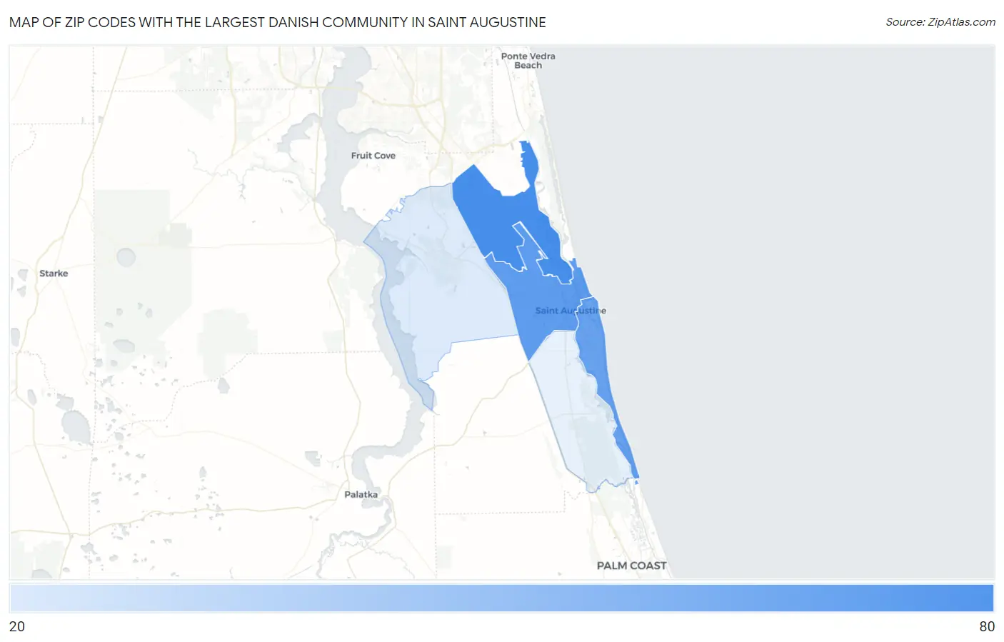Zip Codes with the Largest Danish Community in Saint Augustine Map