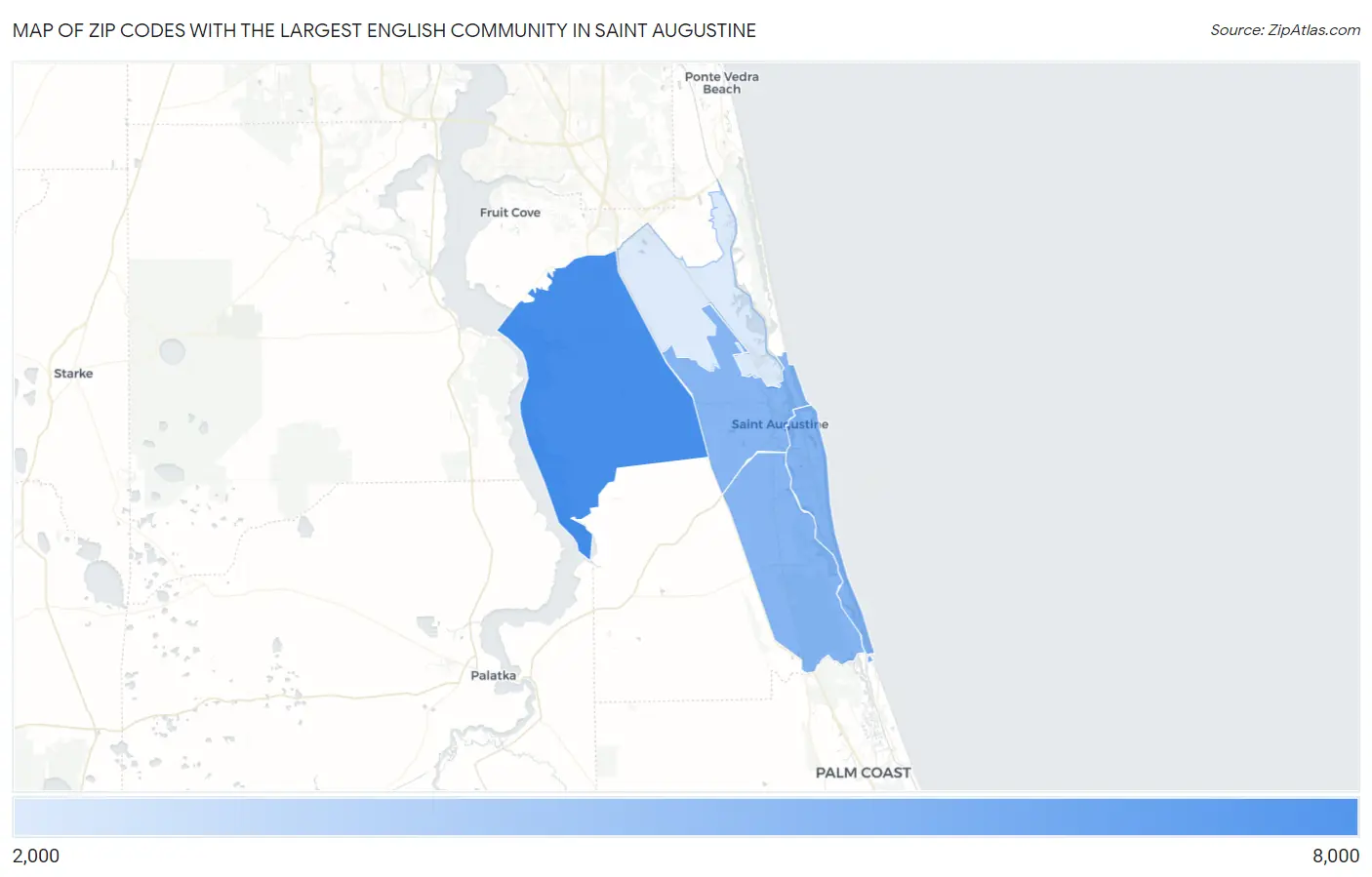 Zip Codes with the Largest English Community in Saint Augustine Map