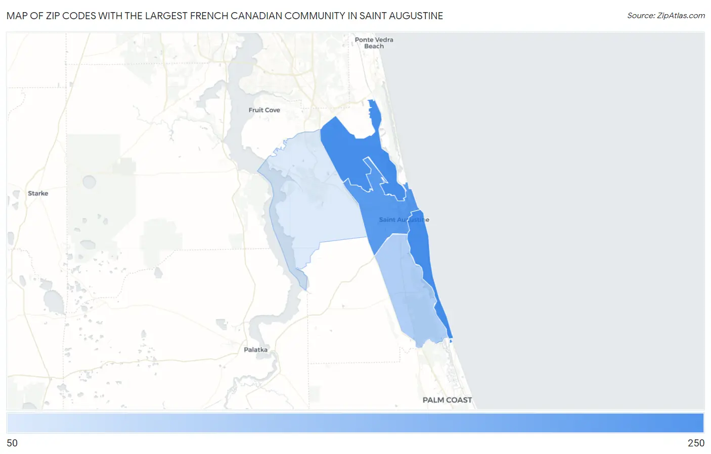 Zip Codes with the Largest French Canadian Community in Saint Augustine Map
