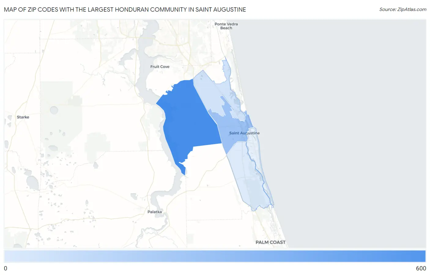 Zip Codes with the Largest Honduran Community in Saint Augustine Map
