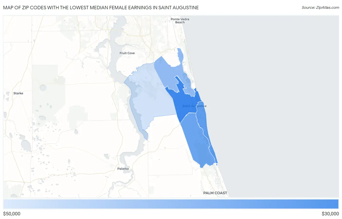 Zip Codes with the Lowest Median Female Earnings in Saint Augustine Map