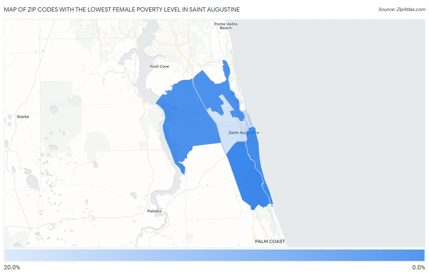 Zip Codes with the Lowest Female Poverty Level in Saint Augustine Map