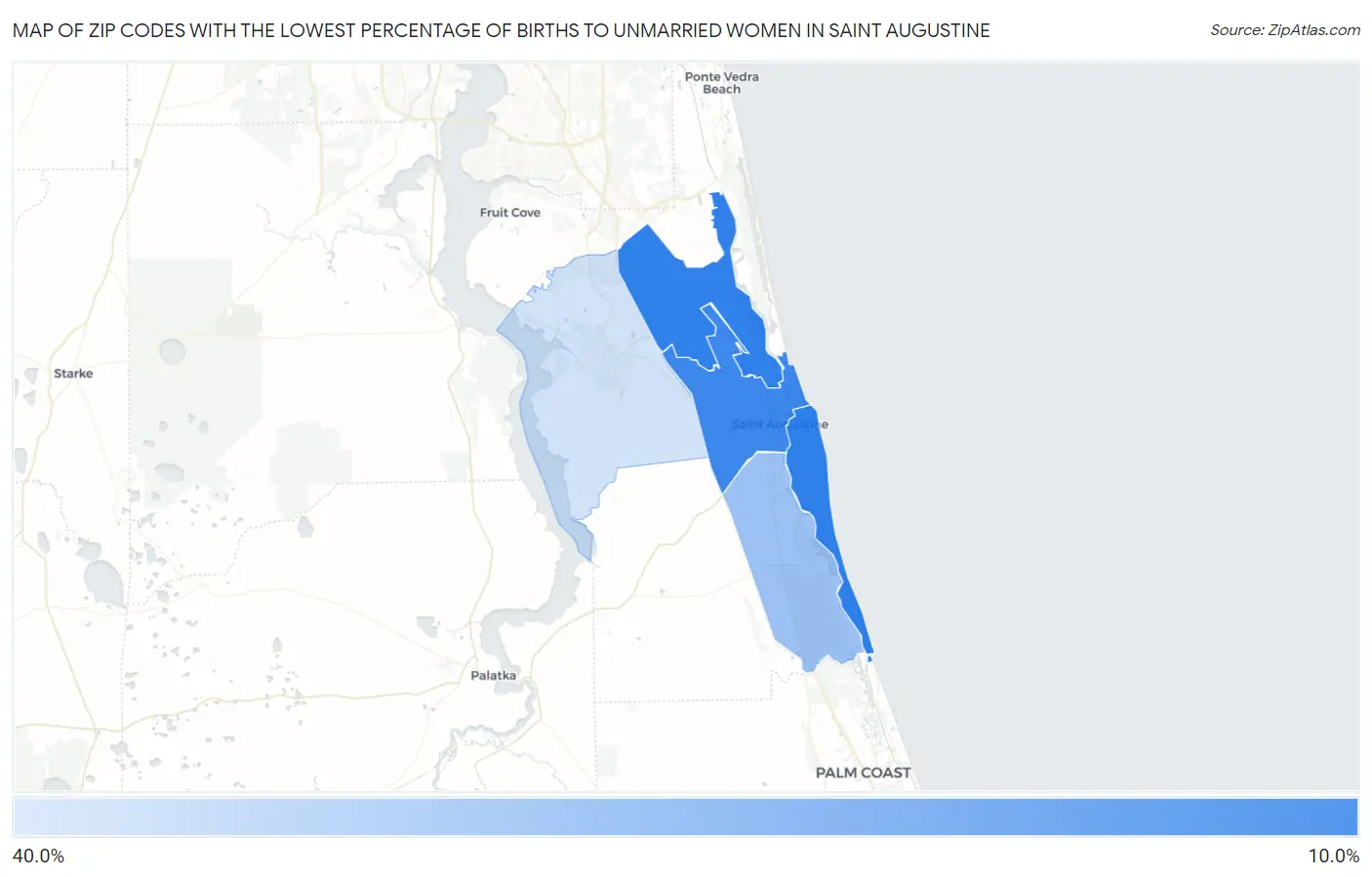 Zip Codes with the Lowest Percentage of Births to Unmarried Women in Saint Augustine Map