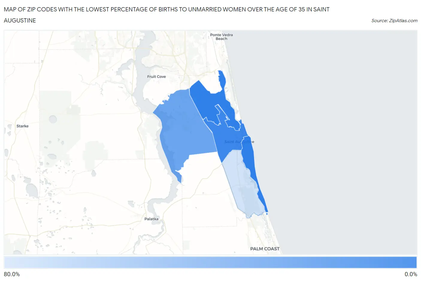 Zip Codes with the Lowest Percentage of Births to Unmarried Women over the Age of 35 in Saint Augustine Map