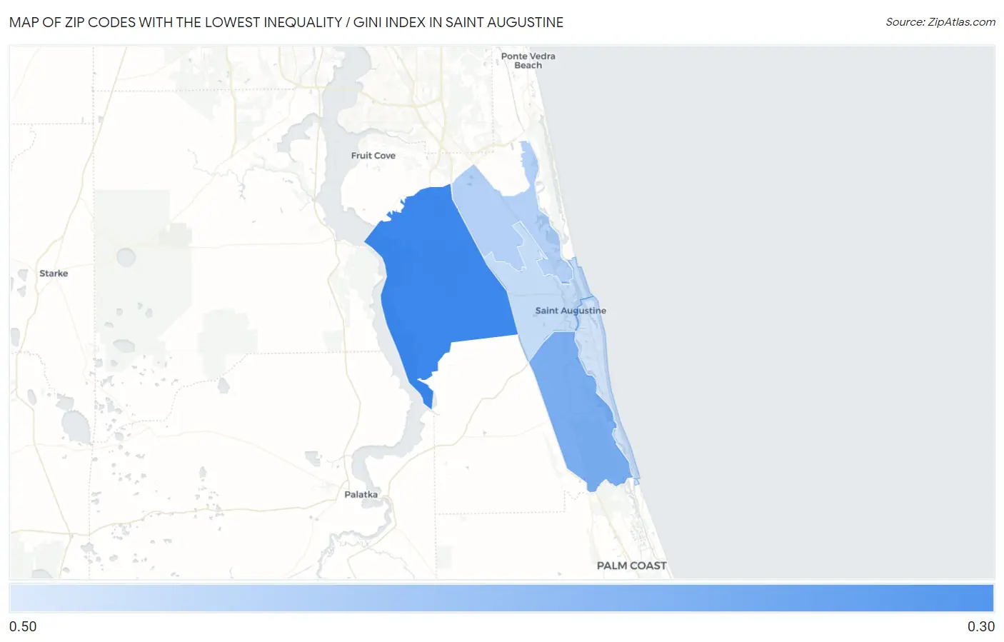 Zip Codes with the Lowest Inequality / Gini Index in Saint Augustine Map