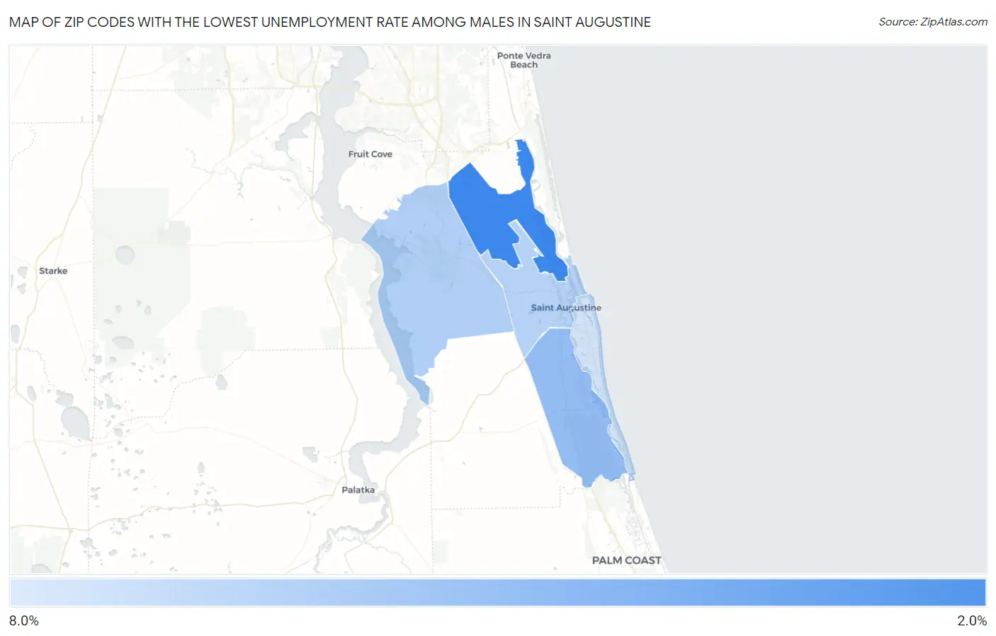 Zip Codes with the Lowest Unemployment Rate Among Males in Saint Augustine Map