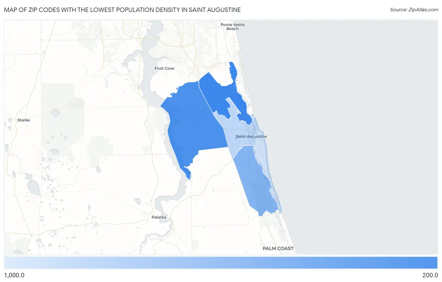 Zip Codes with the Lowest Population Density in Saint Augustine Map