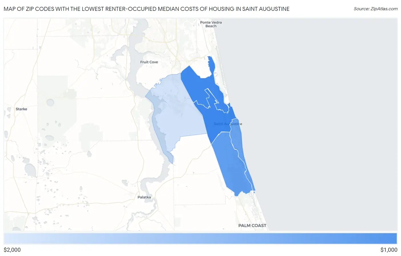 Zip Codes with the Lowest Renter-Occupied Median Costs of Housing in Saint Augustine Map