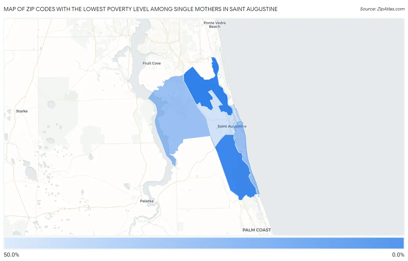Zip Codes with the Lowest Poverty Level Among Single Mothers in Saint Augustine Map