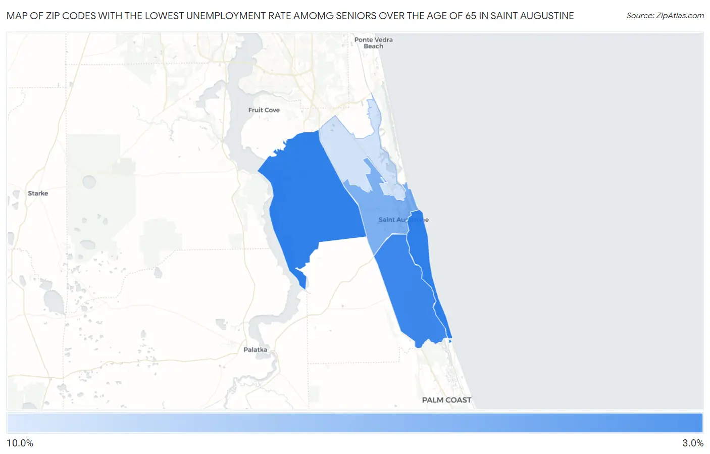 Zip Codes with the Lowest Unemployment Rate Amomg Seniors Over the Age of 65 in Saint Augustine Map