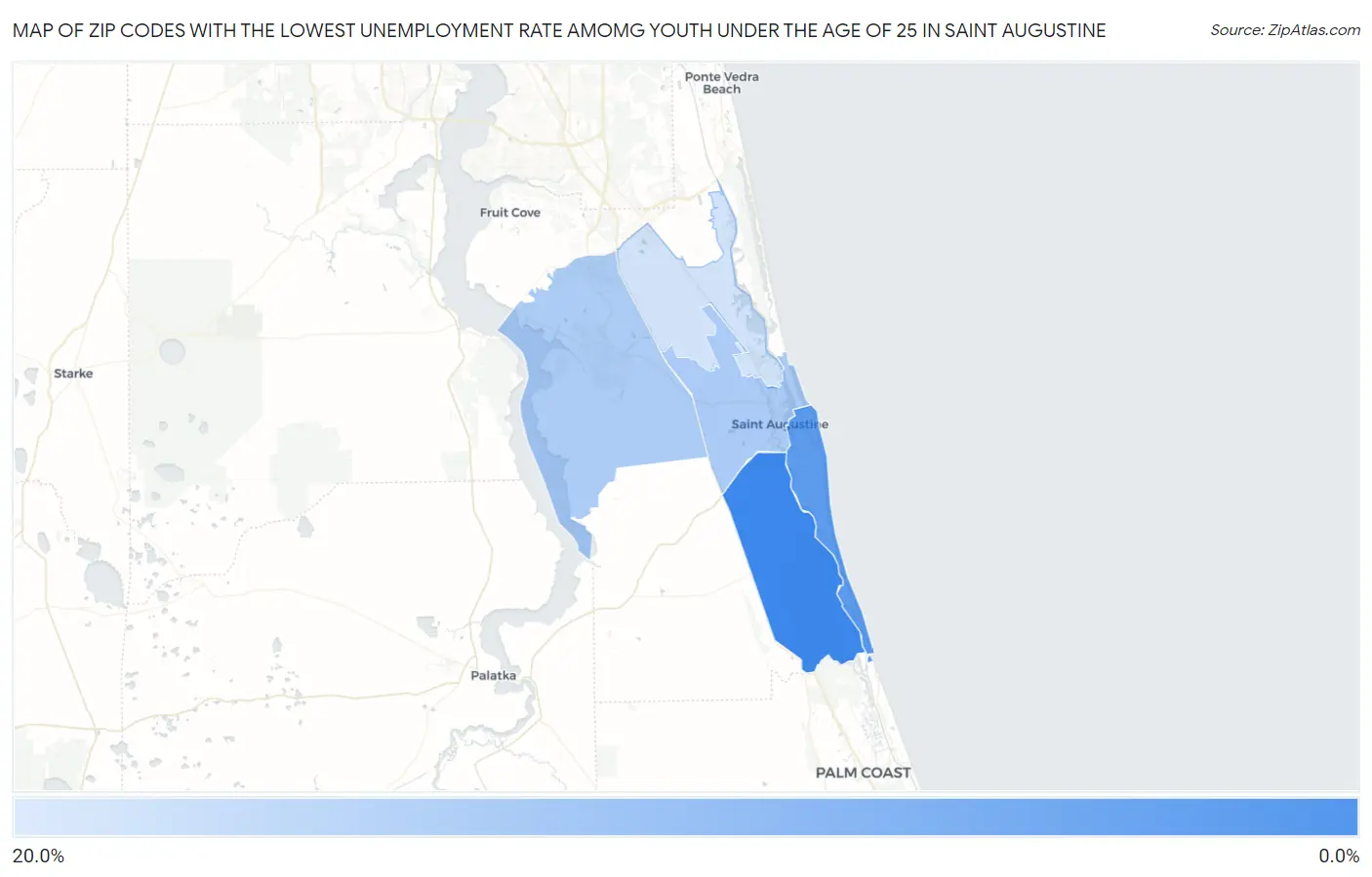 Zip Codes with the Lowest Unemployment Rate Amomg Youth Under the Age of 25 in Saint Augustine Map