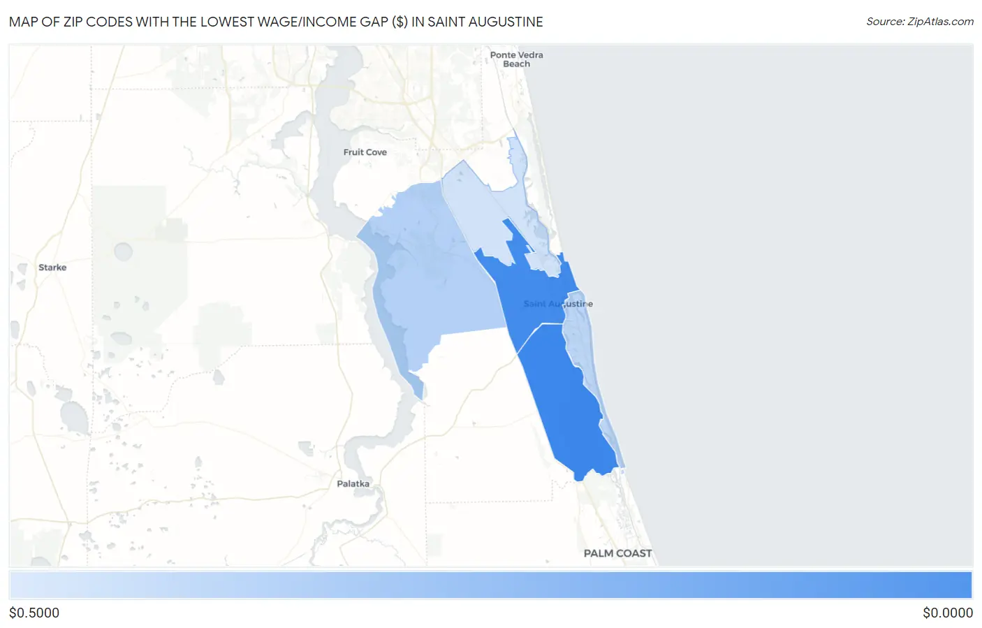 Zip Codes with the Lowest Wage/Income Gap ($) in Saint Augustine Map