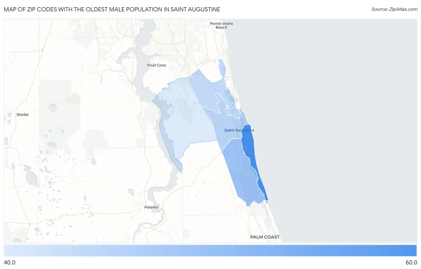 Zip Codes with the Oldest Male Population in Saint Augustine Map