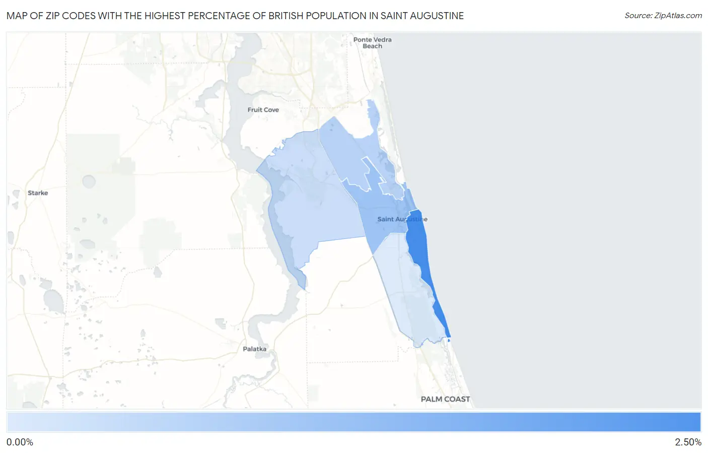 Zip Codes with the Highest Percentage of British Population in Saint Augustine Map