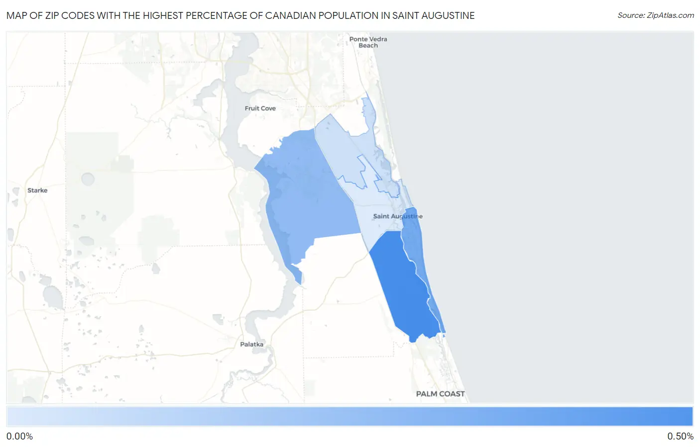 Zip Codes with the Highest Percentage of Canadian Population in Saint Augustine Map