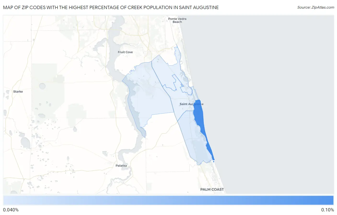 Zip Codes with the Highest Percentage of Creek Population in Saint Augustine Map