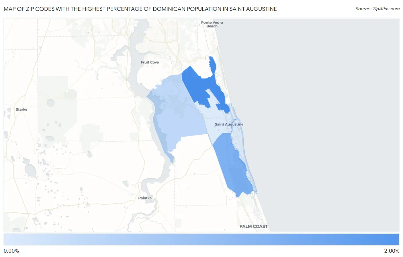 Zip Codes with the Highest Percentage of Dominican Population in Saint Augustine Map