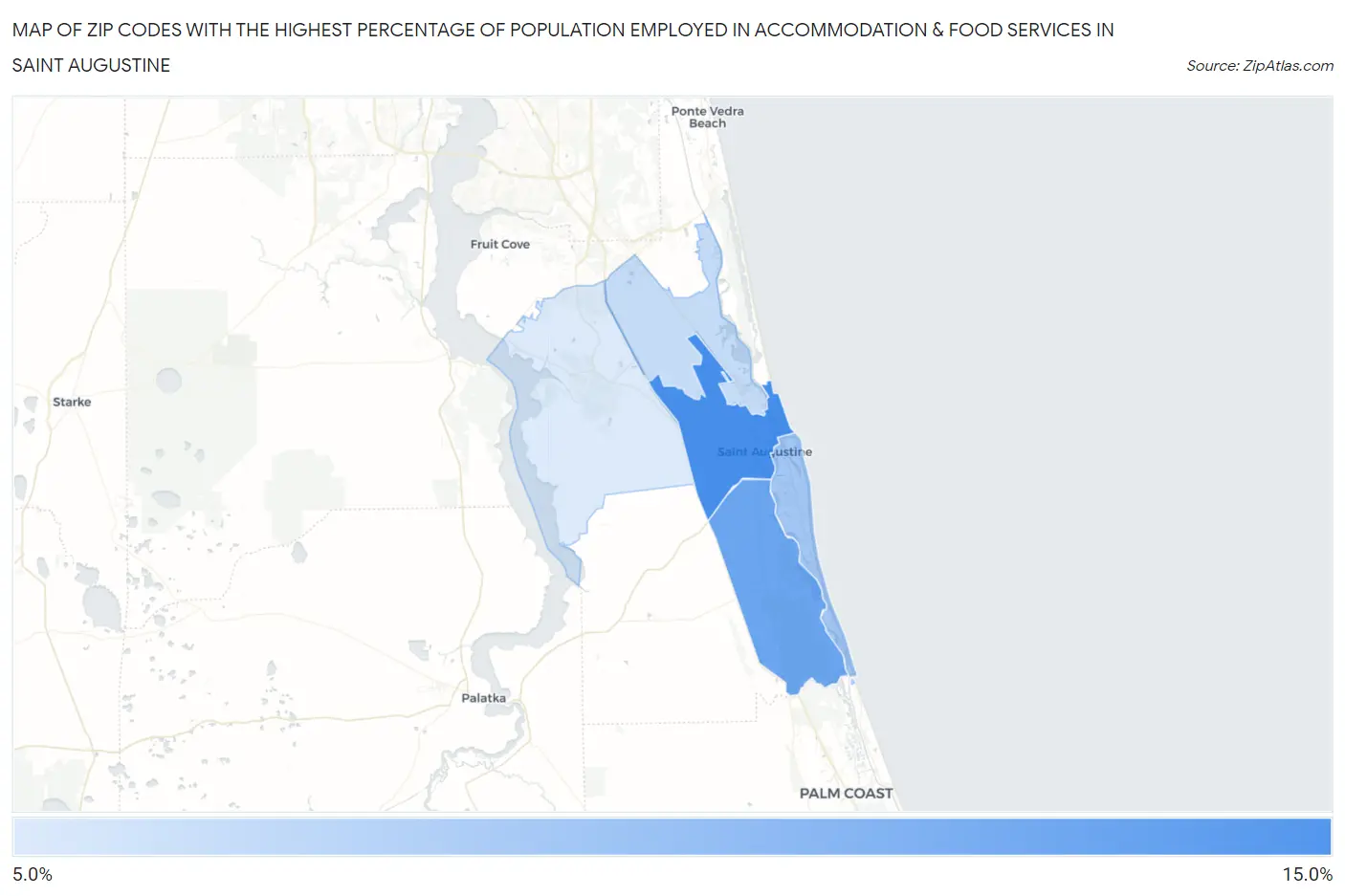 Zip Codes with the Highest Percentage of Population Employed in Accommodation & Food Services in Saint Augustine Map