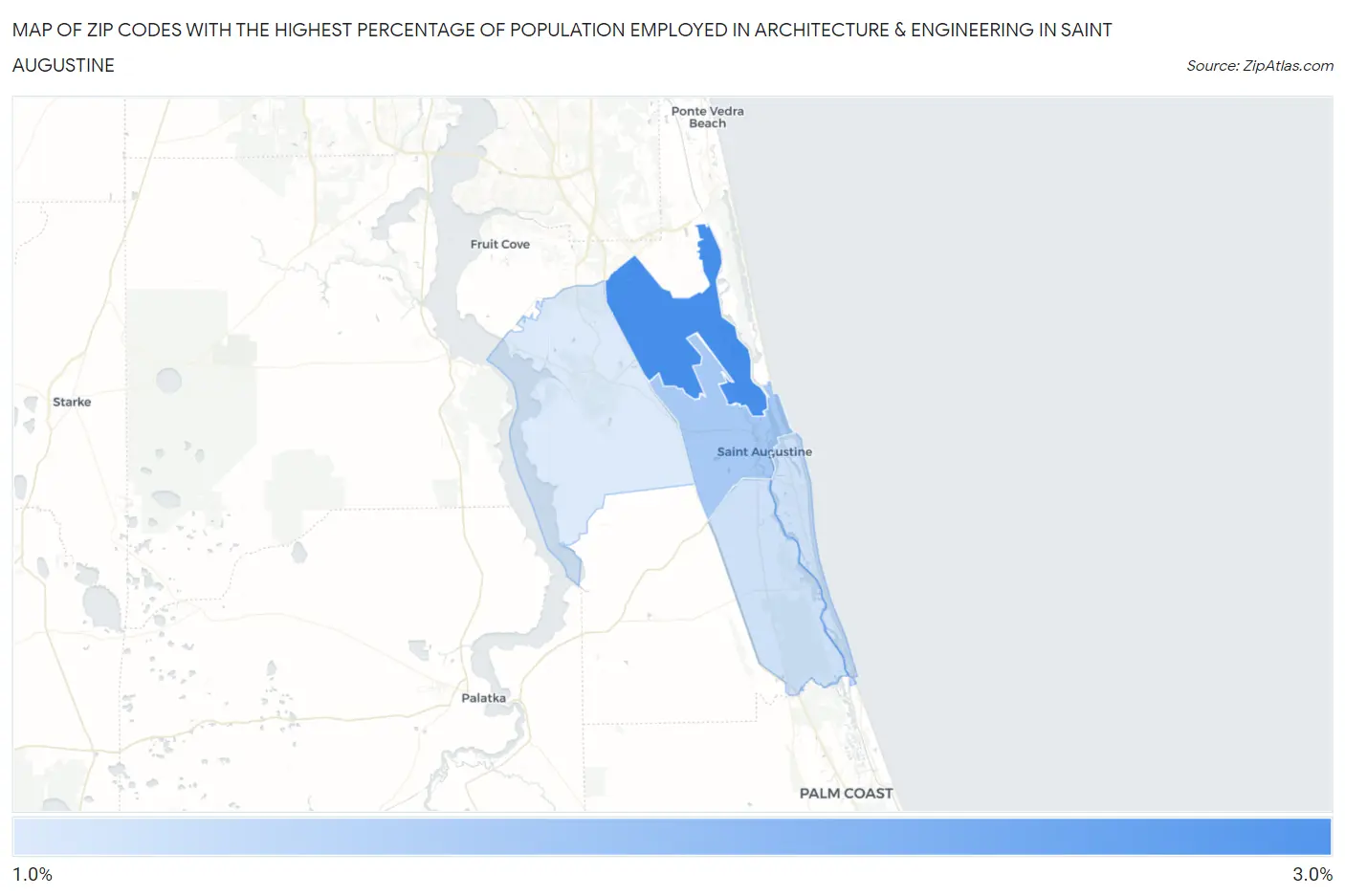 Zip Codes with the Highest Percentage of Population Employed in Architecture & Engineering in Saint Augustine Map