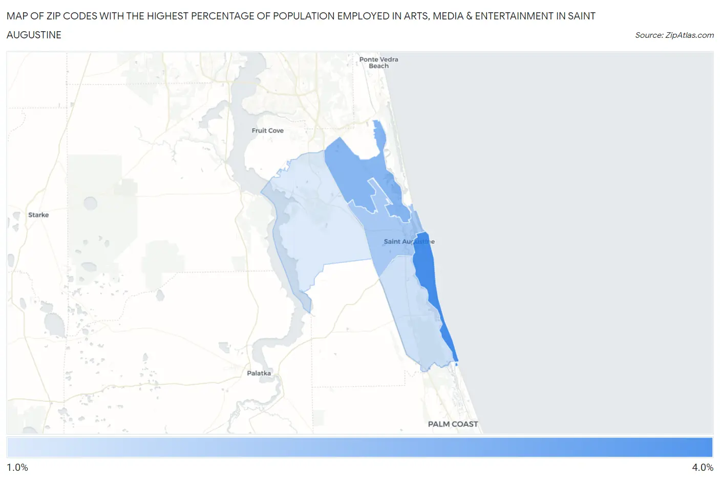 Zip Codes with the Highest Percentage of Population Employed in Arts, Media & Entertainment in Saint Augustine Map