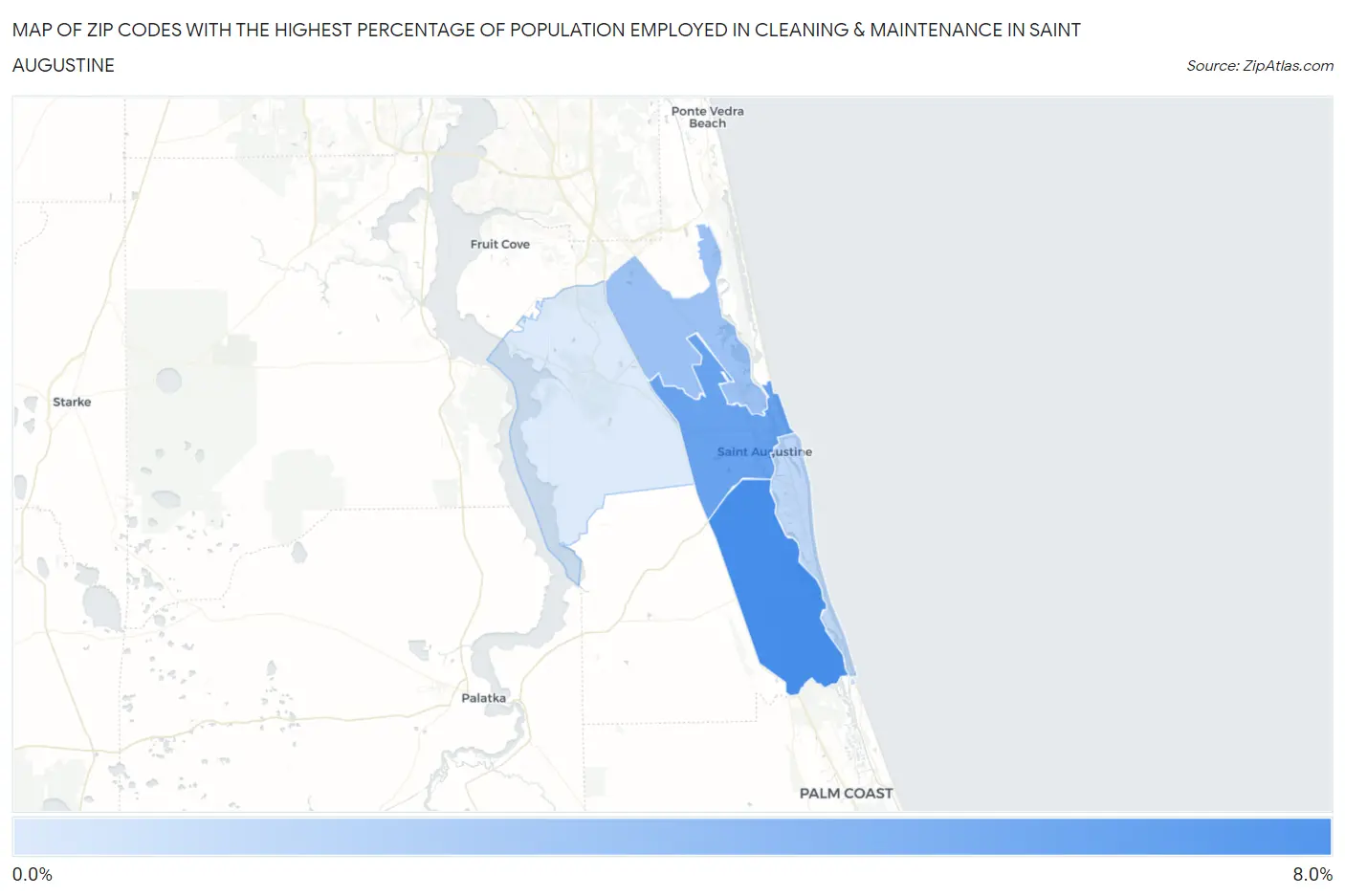 Zip Codes with the Highest Percentage of Population Employed in Cleaning & Maintenance in Saint Augustine Map